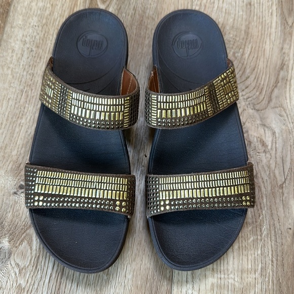 Fitflop “Kaia Croc” shiny gold embellished flip flop sandal - Picture 3 of 13